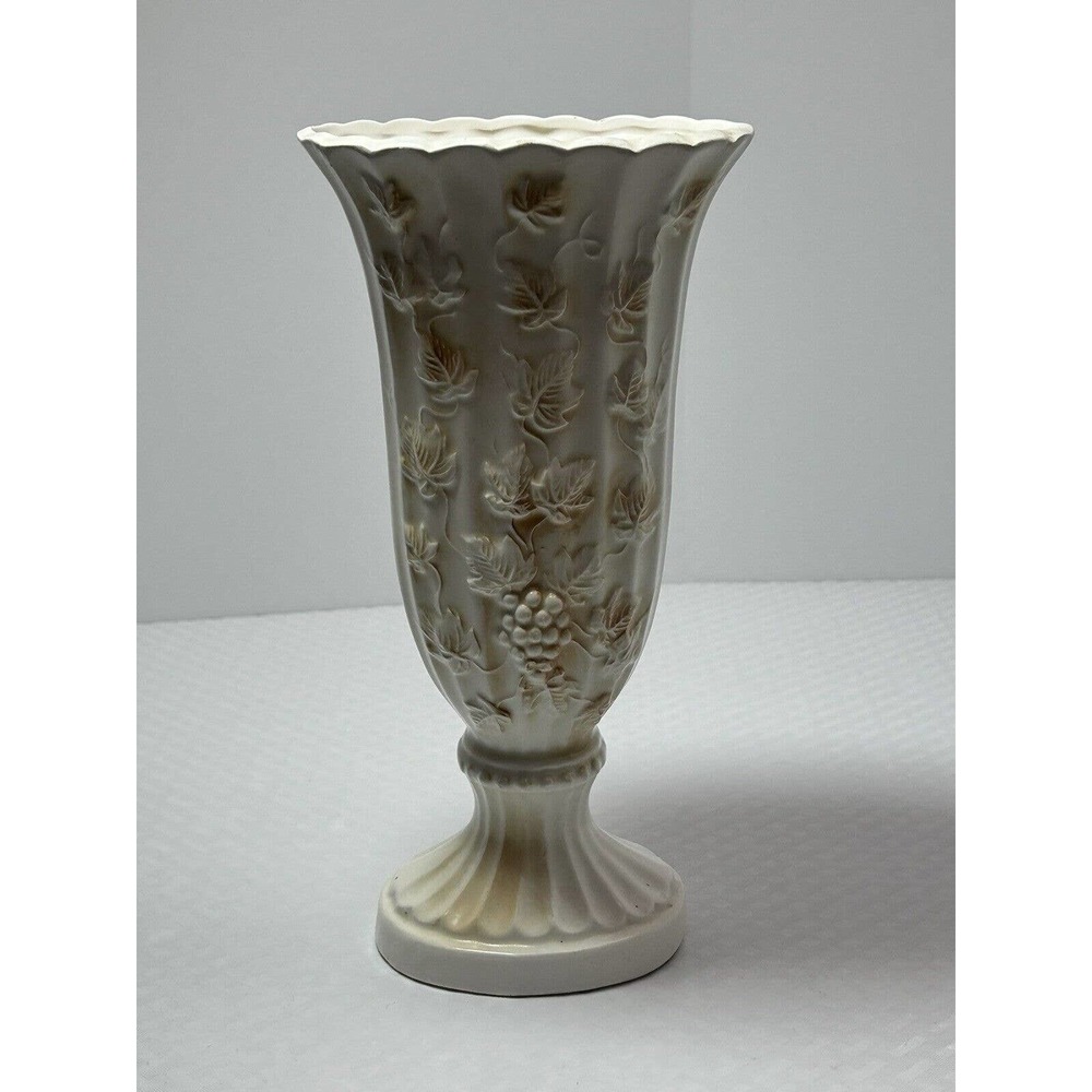 Pottery Pedestal Vase, White‎ & Tan, Raised Embossed Grapes & Leaves, Scalloped
